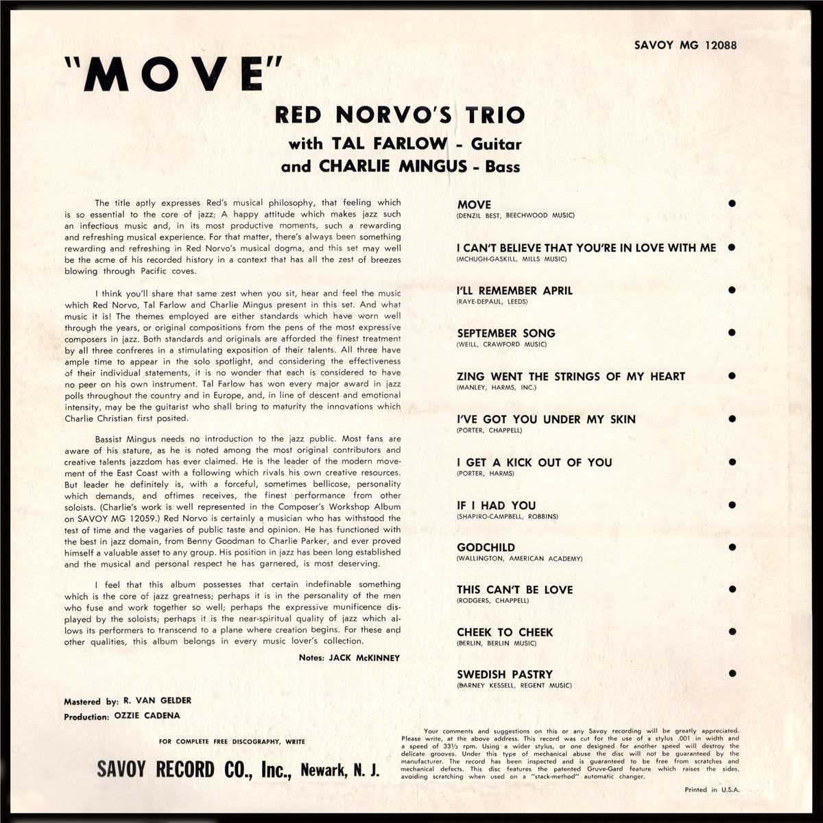 Red Norvo Trio - Move! - Back Cover